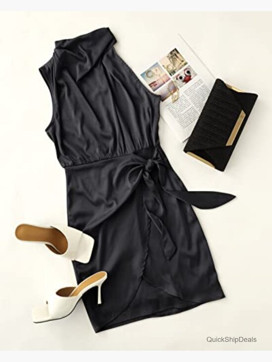 Satin Sleeveless Halter Neck Wrap Bodycon Cocktail Mini Dress - Picture 5 of 7